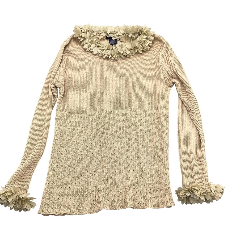 Eagles Eye Sweater Women Small‎ Beige 3D Petal Trim Whimsy Neutral Pullover